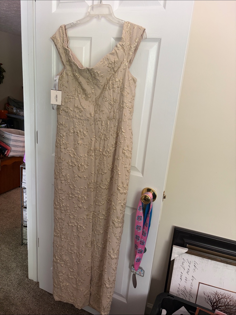 Oleg Cassini Gold-Beige Lace Draped Maxi Dress - Picture 2 of 4